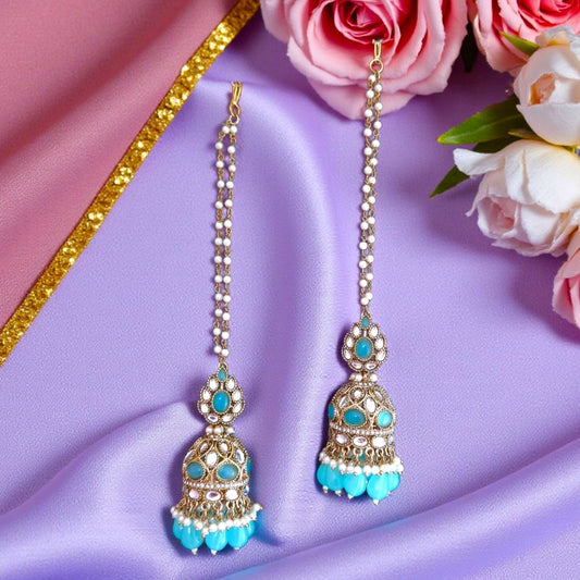 Turquoise Blue Kundan Sahara Earchain Jhumki Earrings