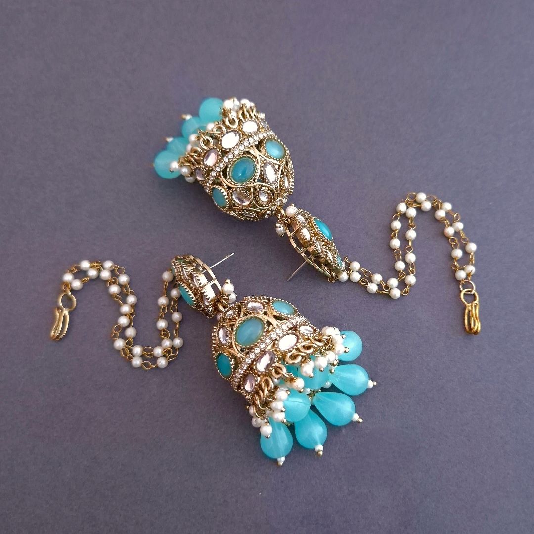 Turquoise Blue Kundan Sahara Earchain Jhumki Earrings