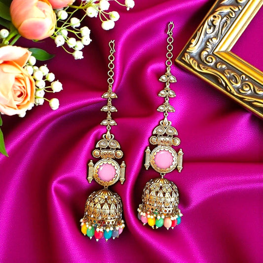 Multicolor Kundan Sahara Earchain Jhumki Earrings