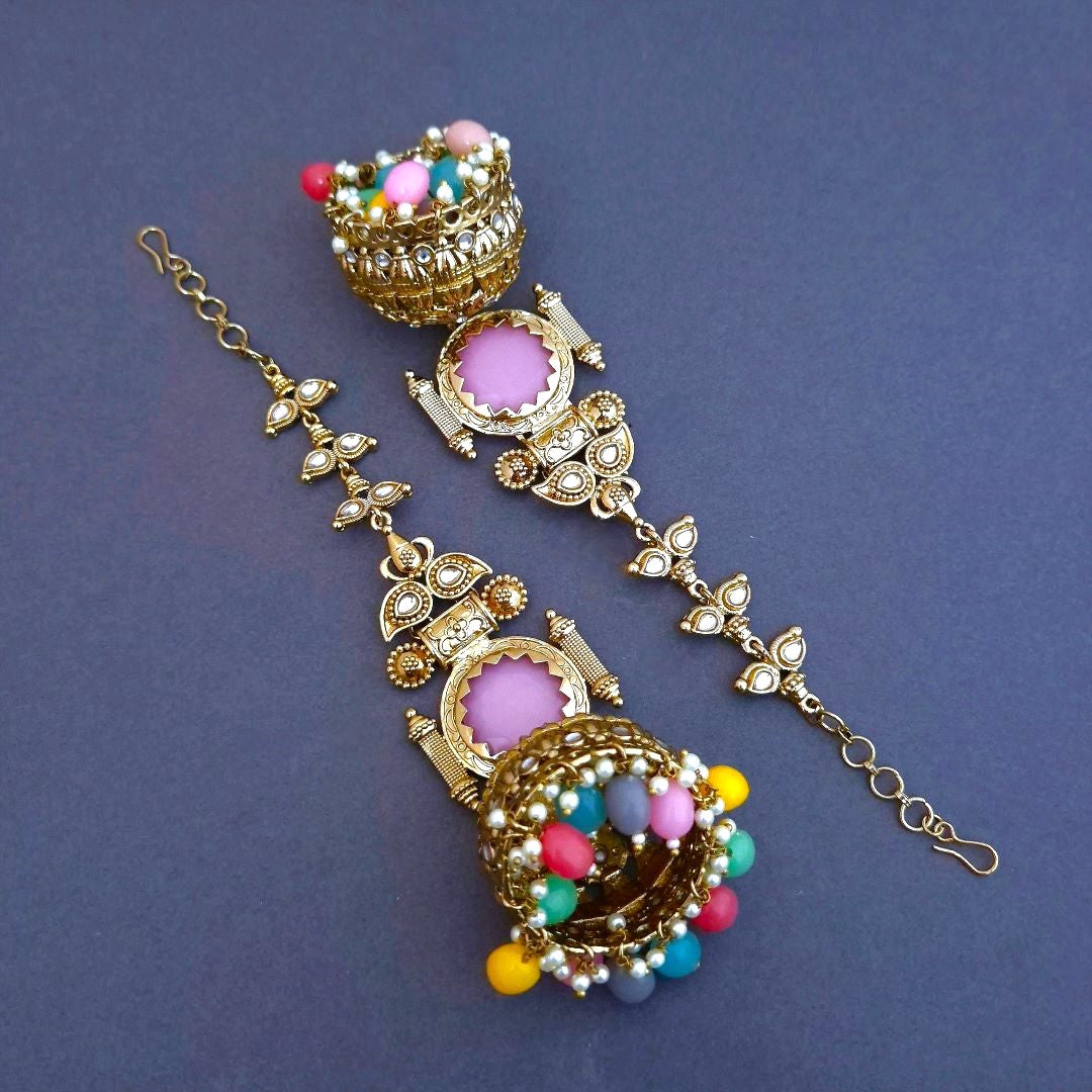 Multicolor Kundan Sahara Earchain Jhumki Earrings