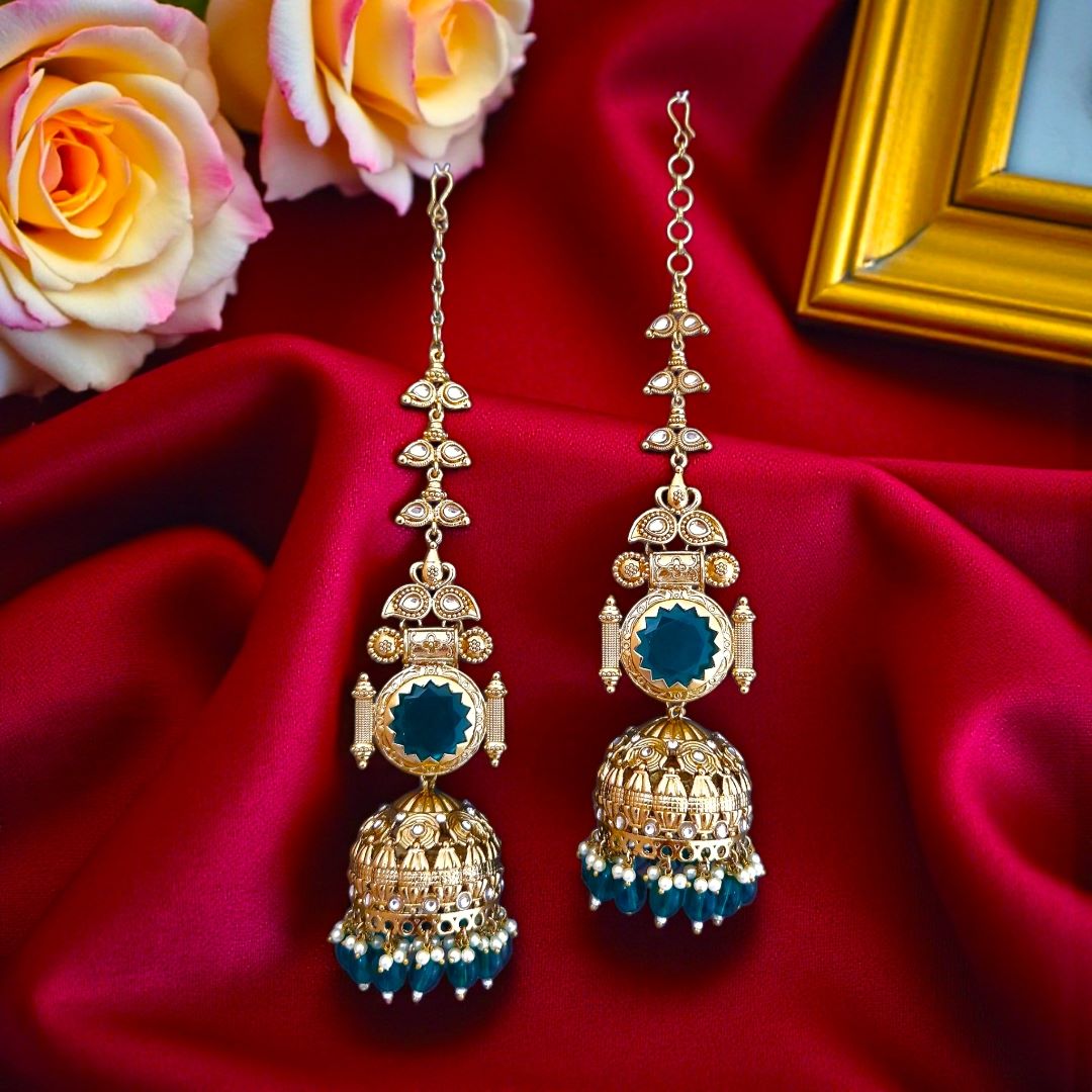 Emerald Green Kundan Sahara Earchain Jhumki Earrings