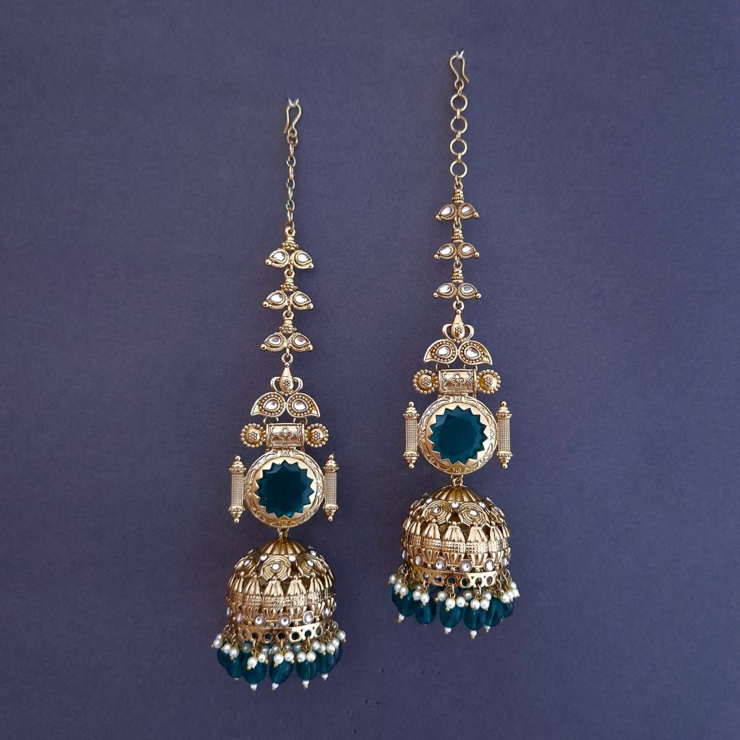 Emerald Green Kundan Sahara Earchain Jhumki Earrings