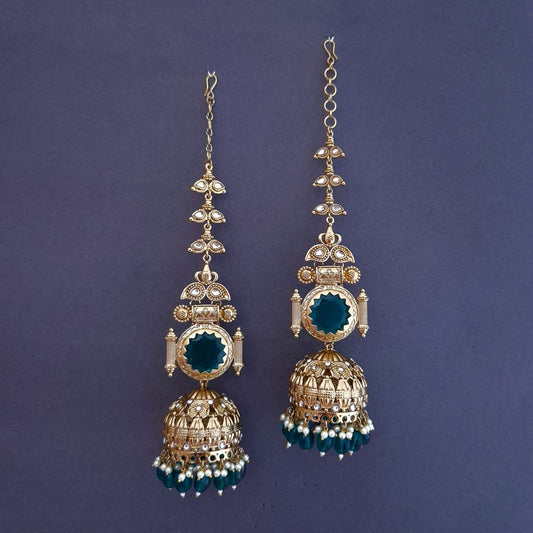 Emerald Green Kundan Sahara Earchain Jhumki Earrings