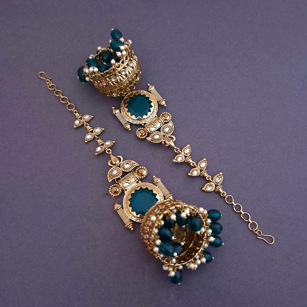 Emerald Green Kundan Sahara Earchain Jhumki Earrings
