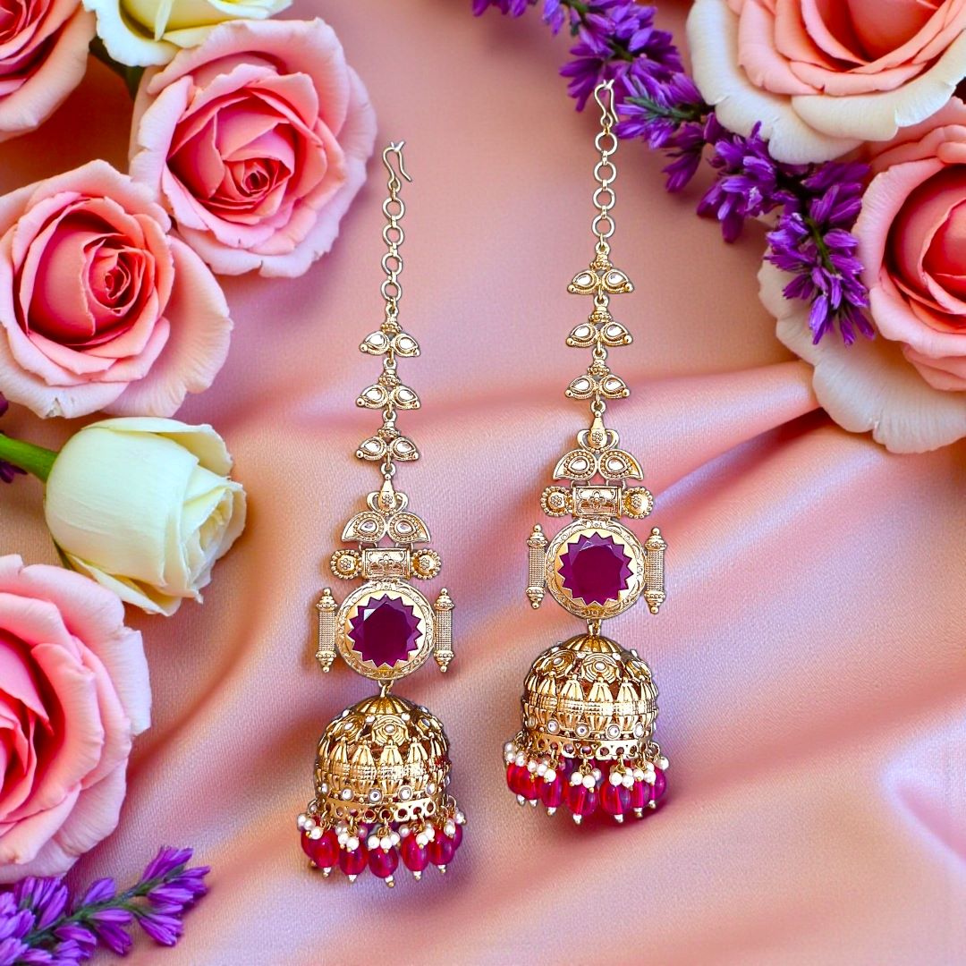 Rani Pink Kundan Sahara Earchain Jhumki Earrings