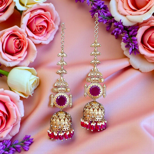 Rani Pink Kundan Sahara Earchain Jhumki Earrings