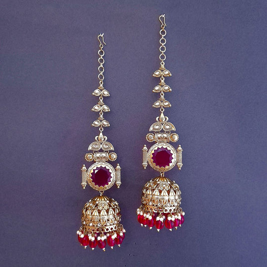 Rani Pink Kundan Sahara Earchain Jhumki Earrings