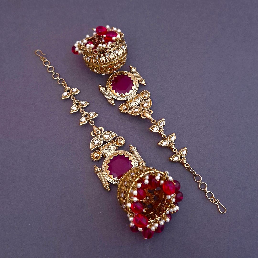 Rani Pink Kundan Sahara Earchain Jhumki Earrings