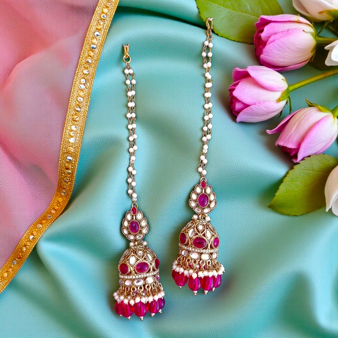 Rani Pink Kundan Sahara Earchain Jhumki Earrings