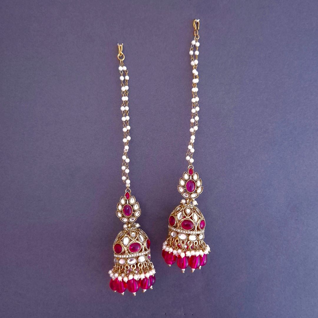Rani Pink Kundan Sahara Earchain Jhumki Earrings