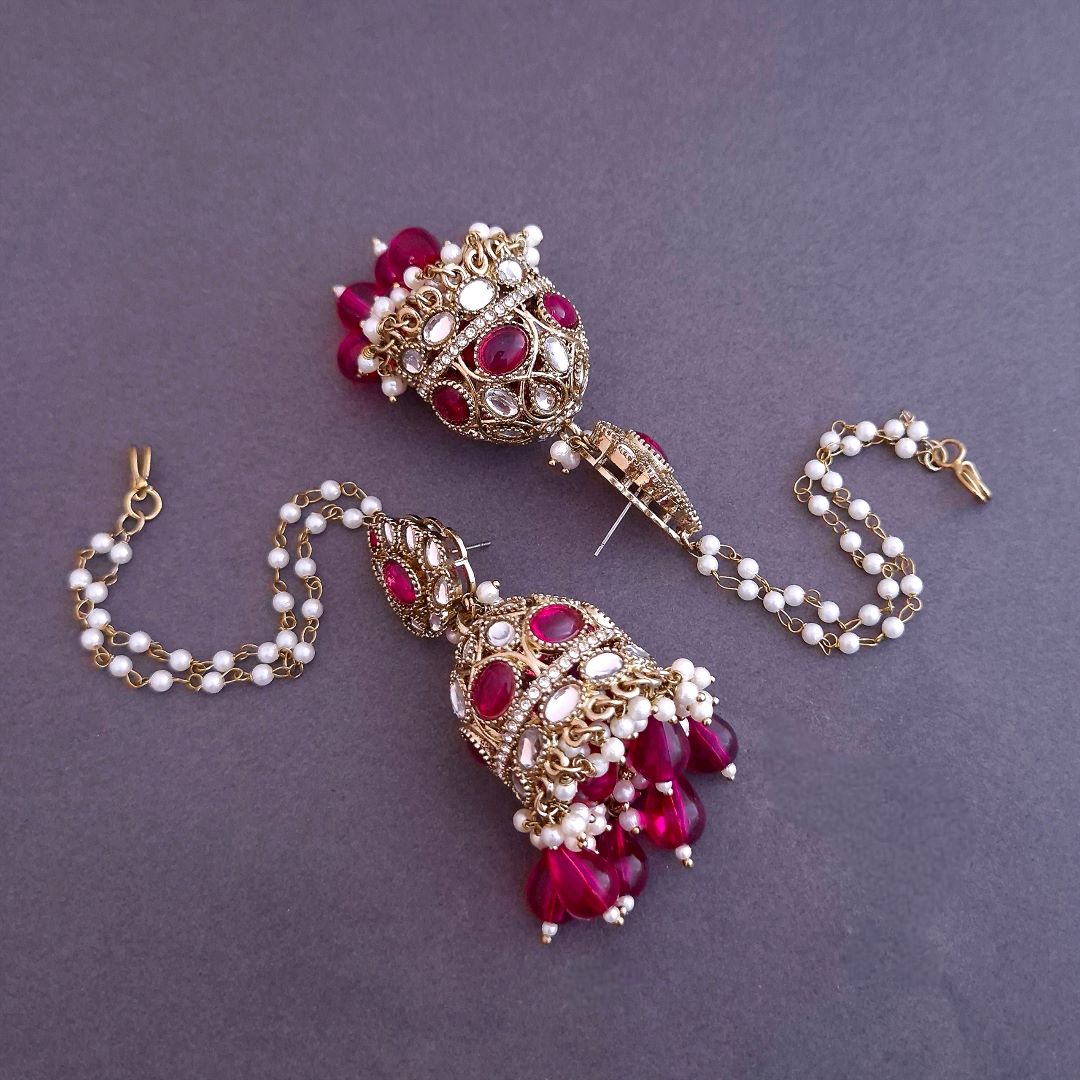 Rani Pink Kundan Sahara Earchain Jhumki Earrings