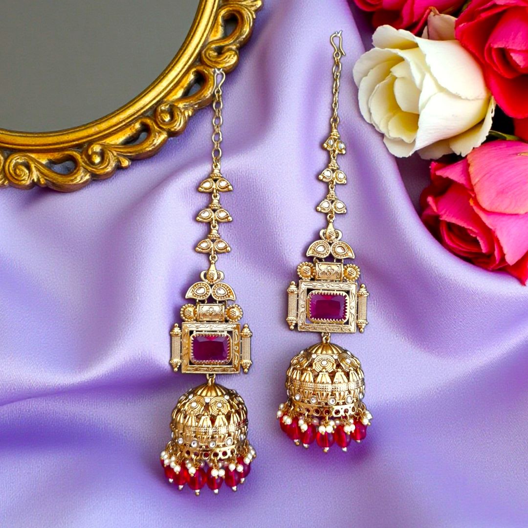 Rani Pink Kundan Sahara Earchain Jhumki Earrings