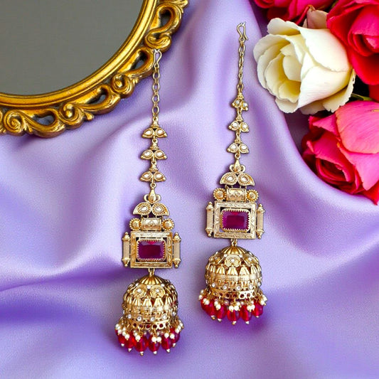 Rani Pink Kundan Sahara Earchain Jhumki Earrings