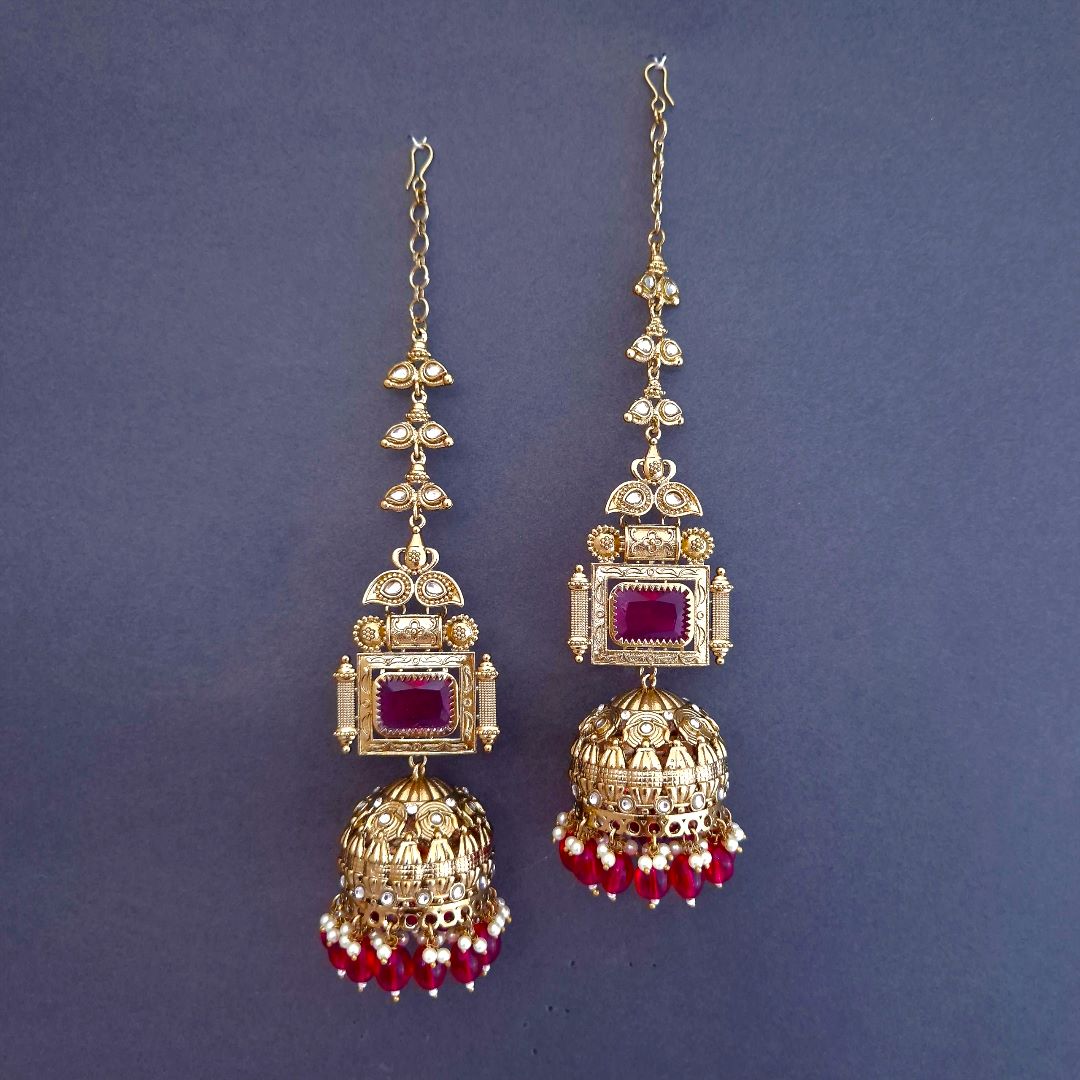 Rani Pink Kundan Sahara Earchain Jhumki Earrings
