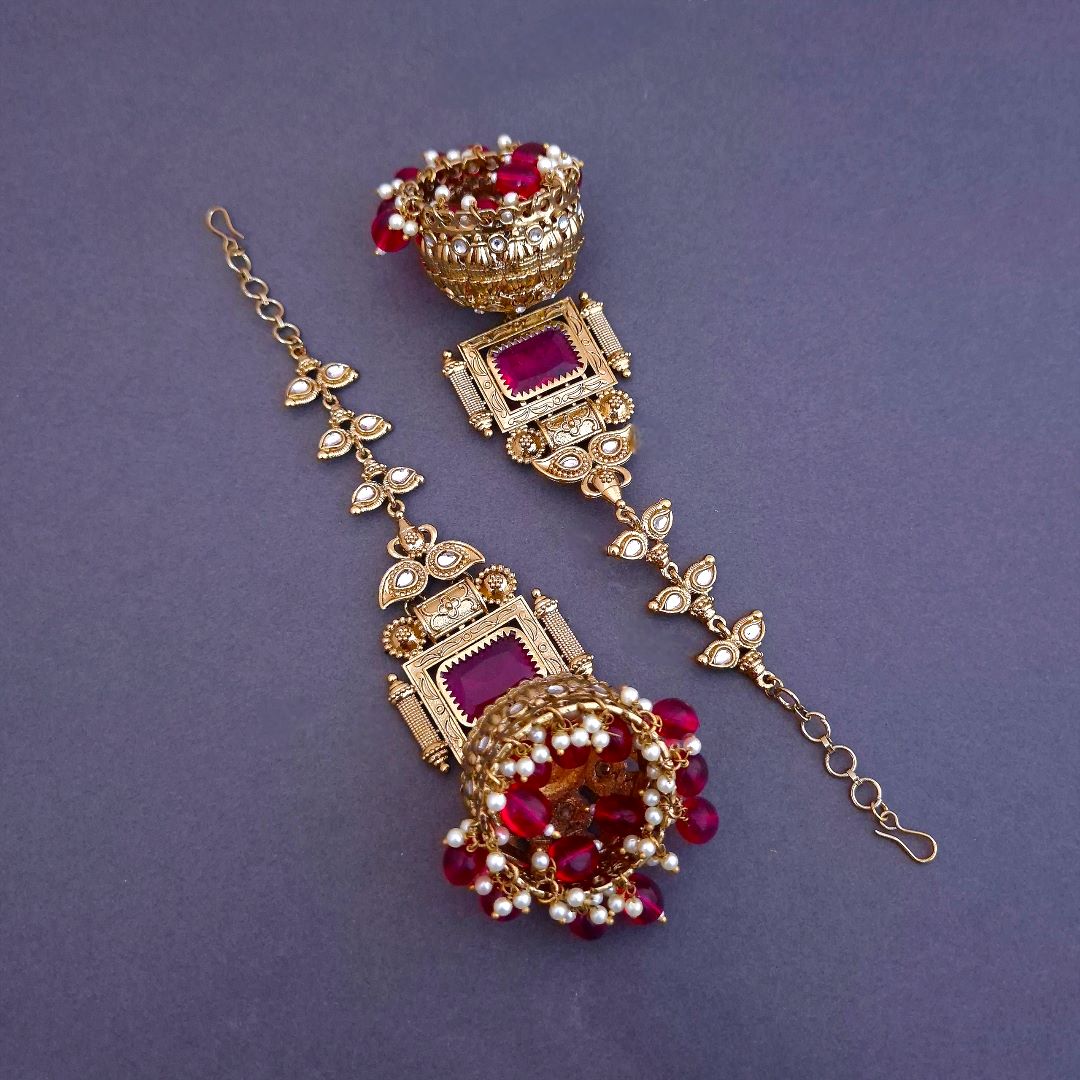 Rani Pink Kundan Sahara Earchain Jhumki Earrings