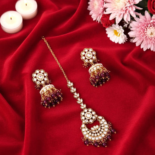 Wine Kundan Maang tikka Set