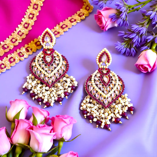 Wine Kundan Chandbali Earrings