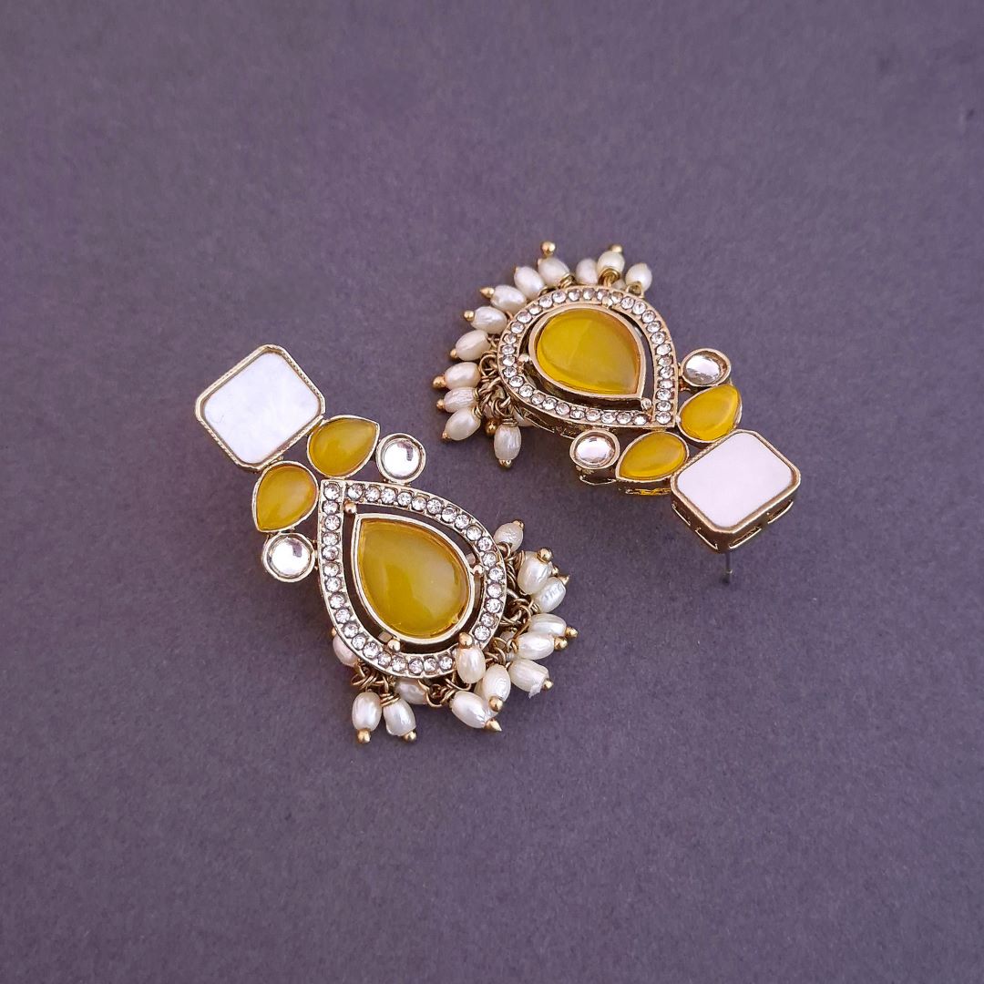 Yellow Kundan Dangler Earrings