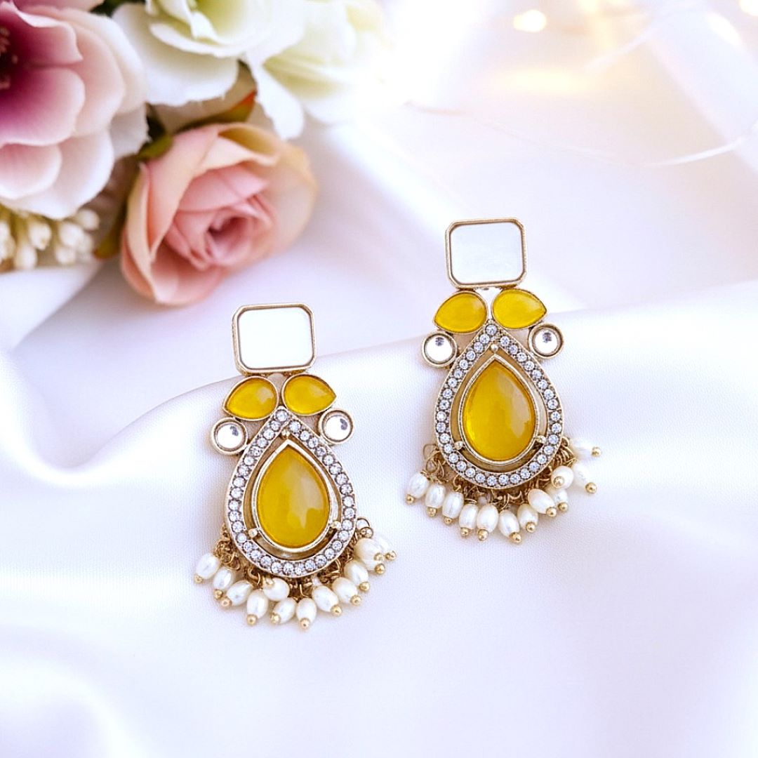 Yellow Kundan Dangler Earrings